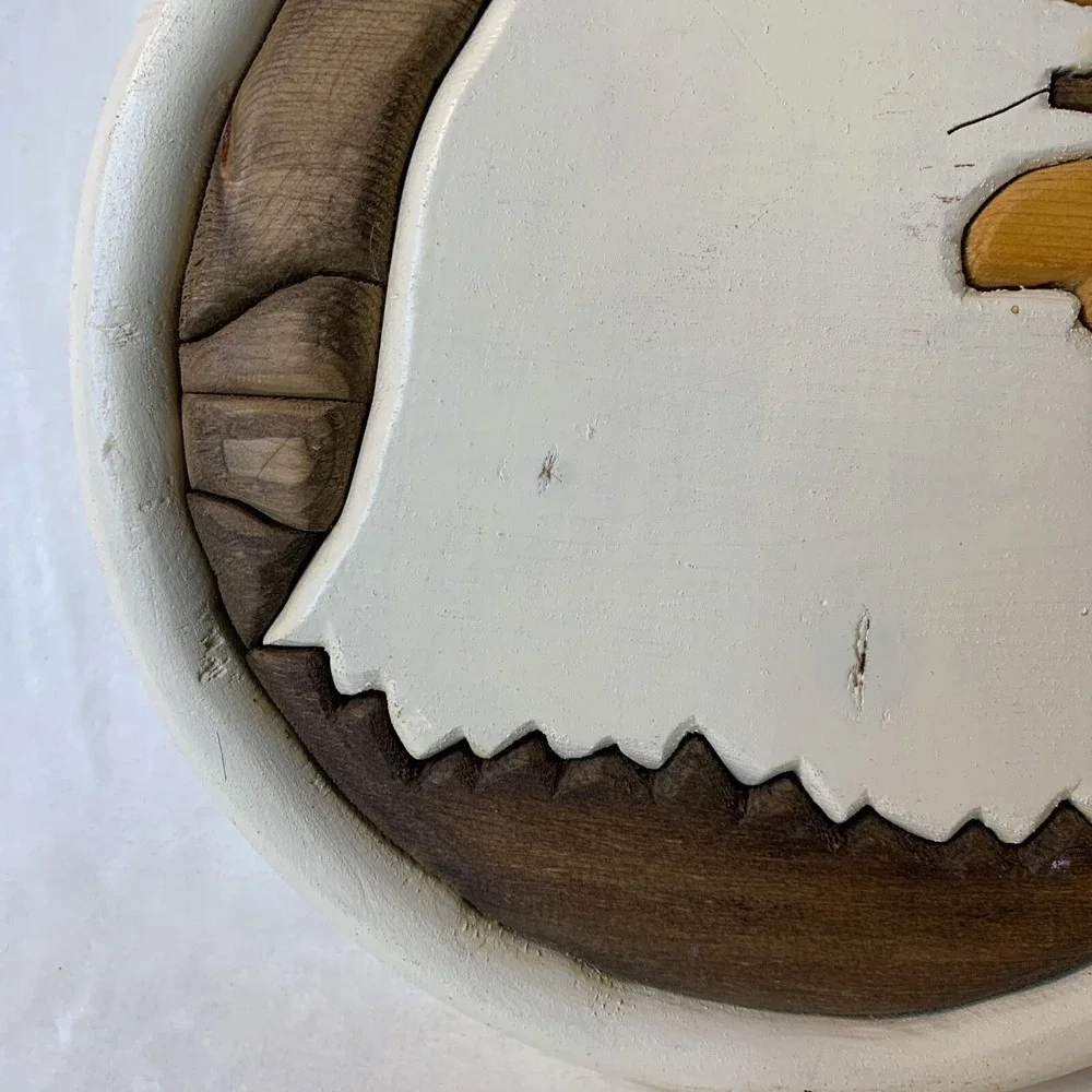 American Bald Eagle Wood Inlay Wall Decor MCM Art Piece Round‎  Handmade Stained